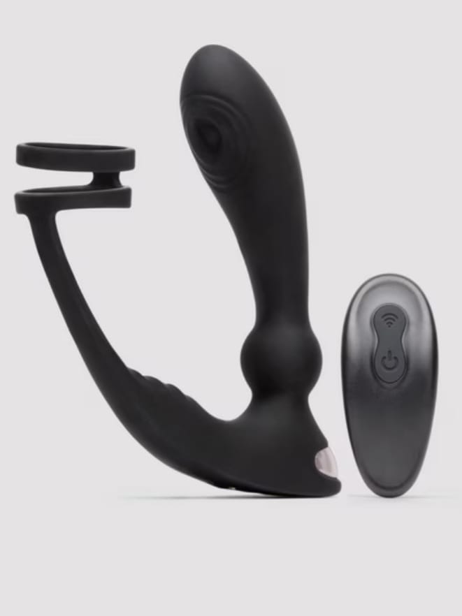 LoveHoney Remote Control Pleasure Pulse Pulsing Prostate Black Massager with Double Cock Ring